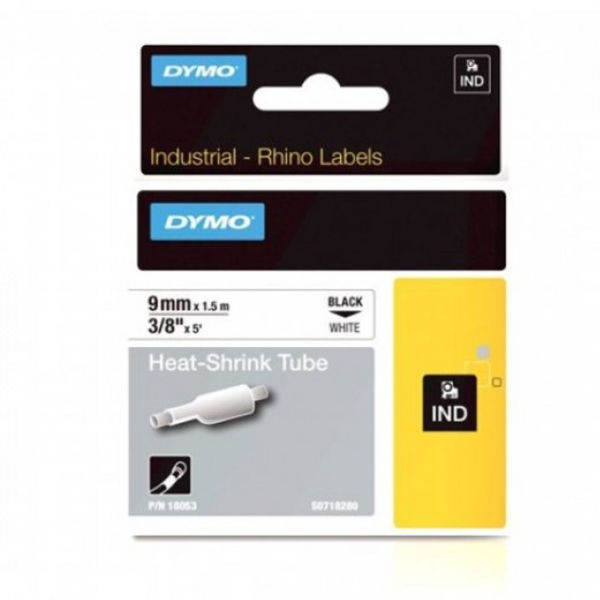 Picture of 9MM DYMO RHINO 18053 BLACK ON WHITE HEAT SHRINK TUBE